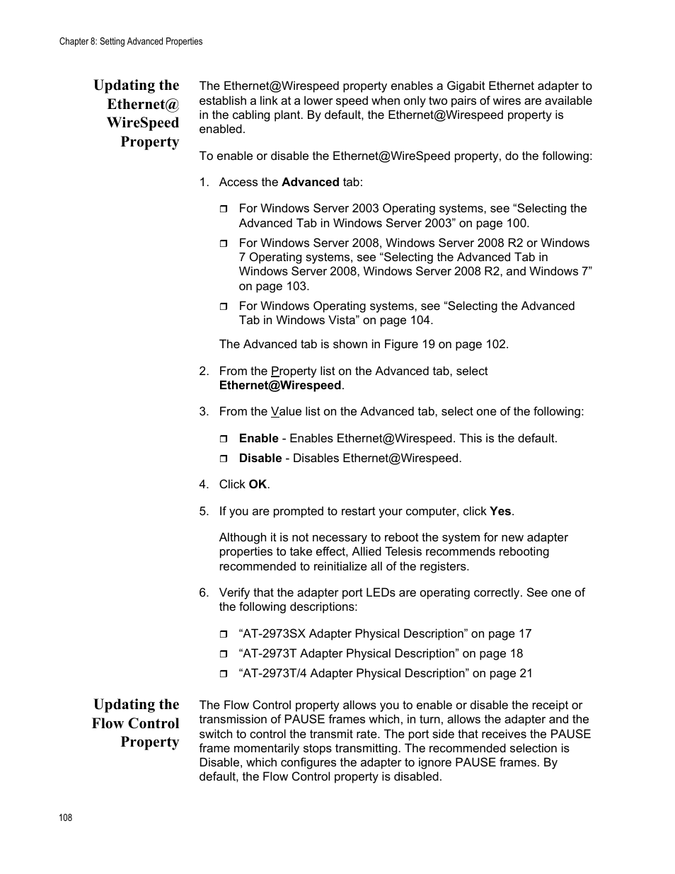 Updating the ethernet@ wirespeed property, Updating the flow control property, Updating the ethernet | Wirespeed property | Allied Telesis NETEXTREME II AT-2973SX User Manual | Page 108 / 176