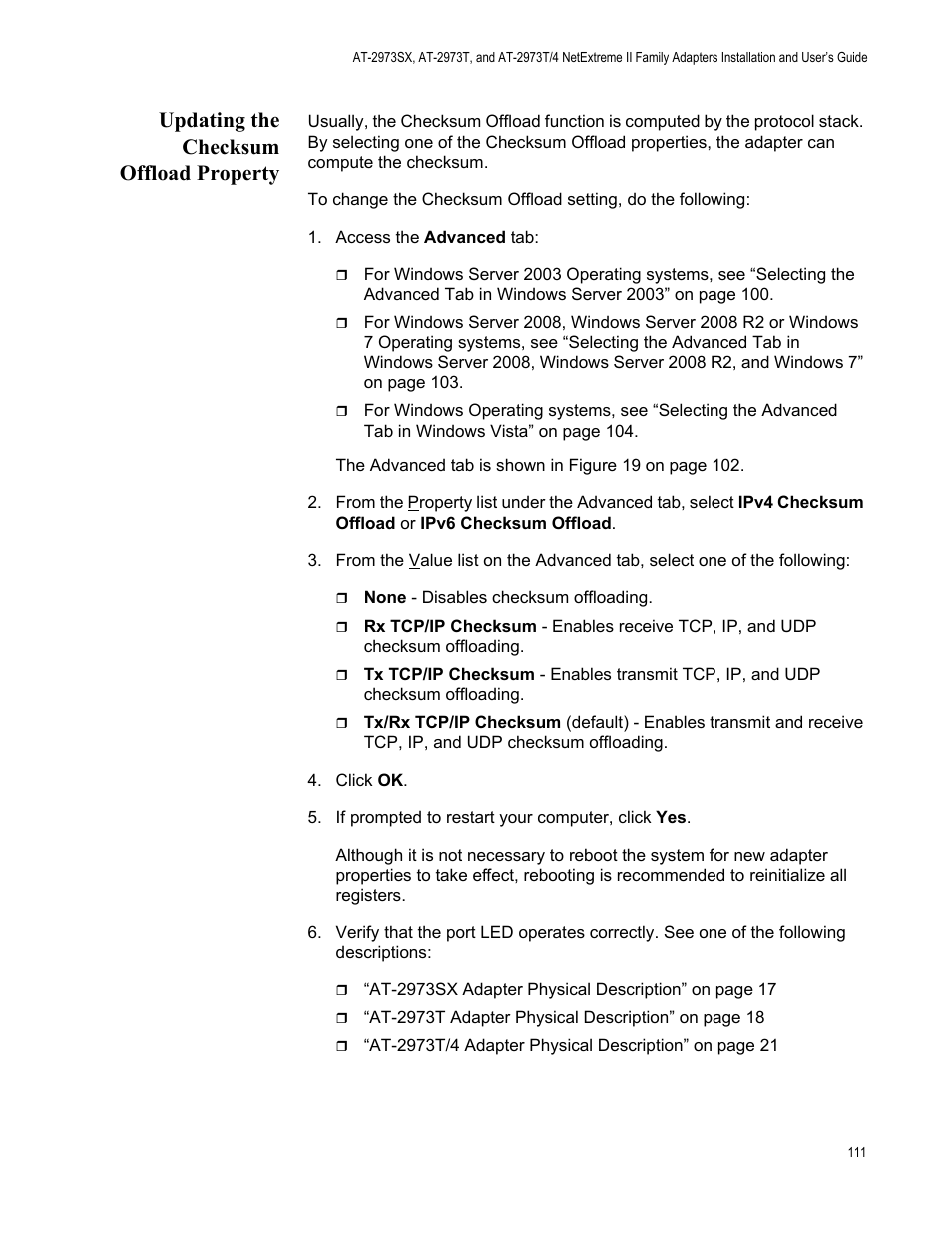 Updating the checksum offload property | Allied Telesis NETEXTREME II AT-2973SX User Manual | Page 111 / 176