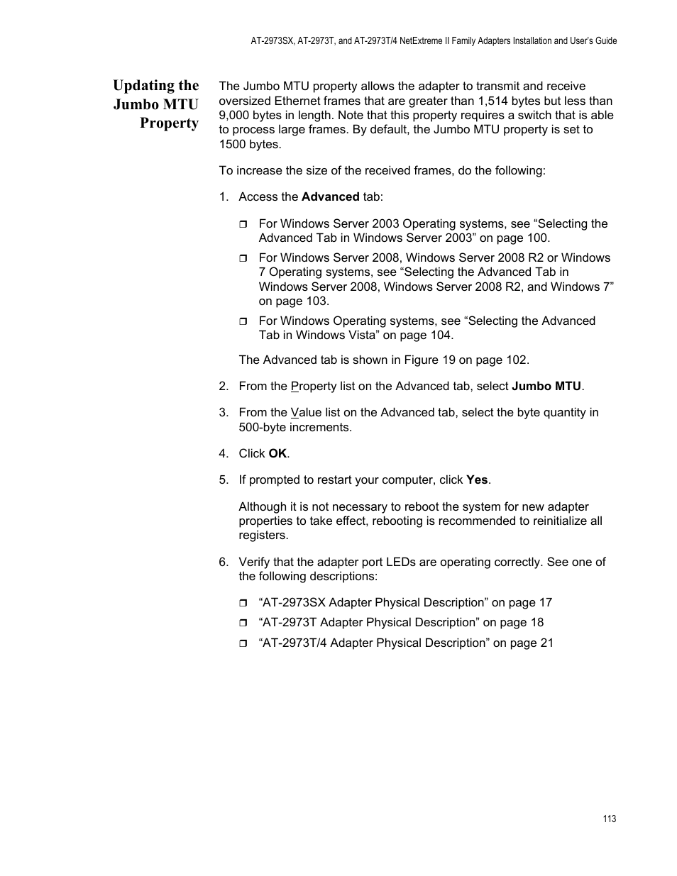Updating the jumbo mtu property | Allied Telesis NETEXTREME II AT-2973SX User Manual | Page 113 / 176