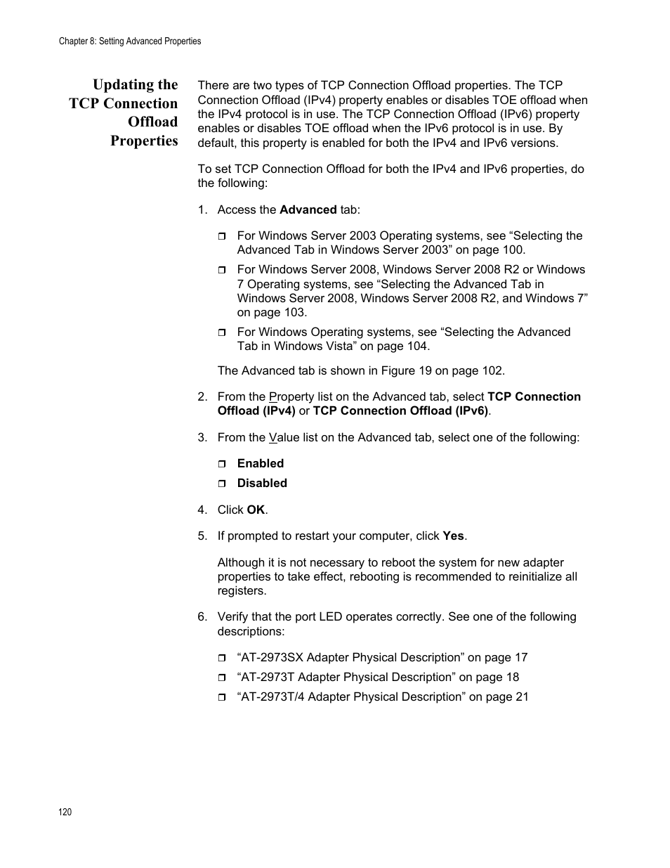 Updating the tcp connection offload properties | Allied Telesis NETEXTREME II AT-2973SX User Manual | Page 120 / 176