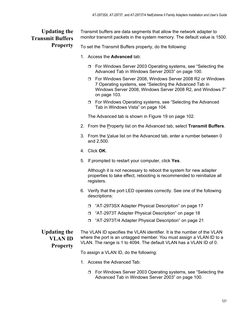 Updating the transmit buffers property, Updating the vlan id property | Allied Telesis NETEXTREME II AT-2973SX User Manual | Page 121 / 176