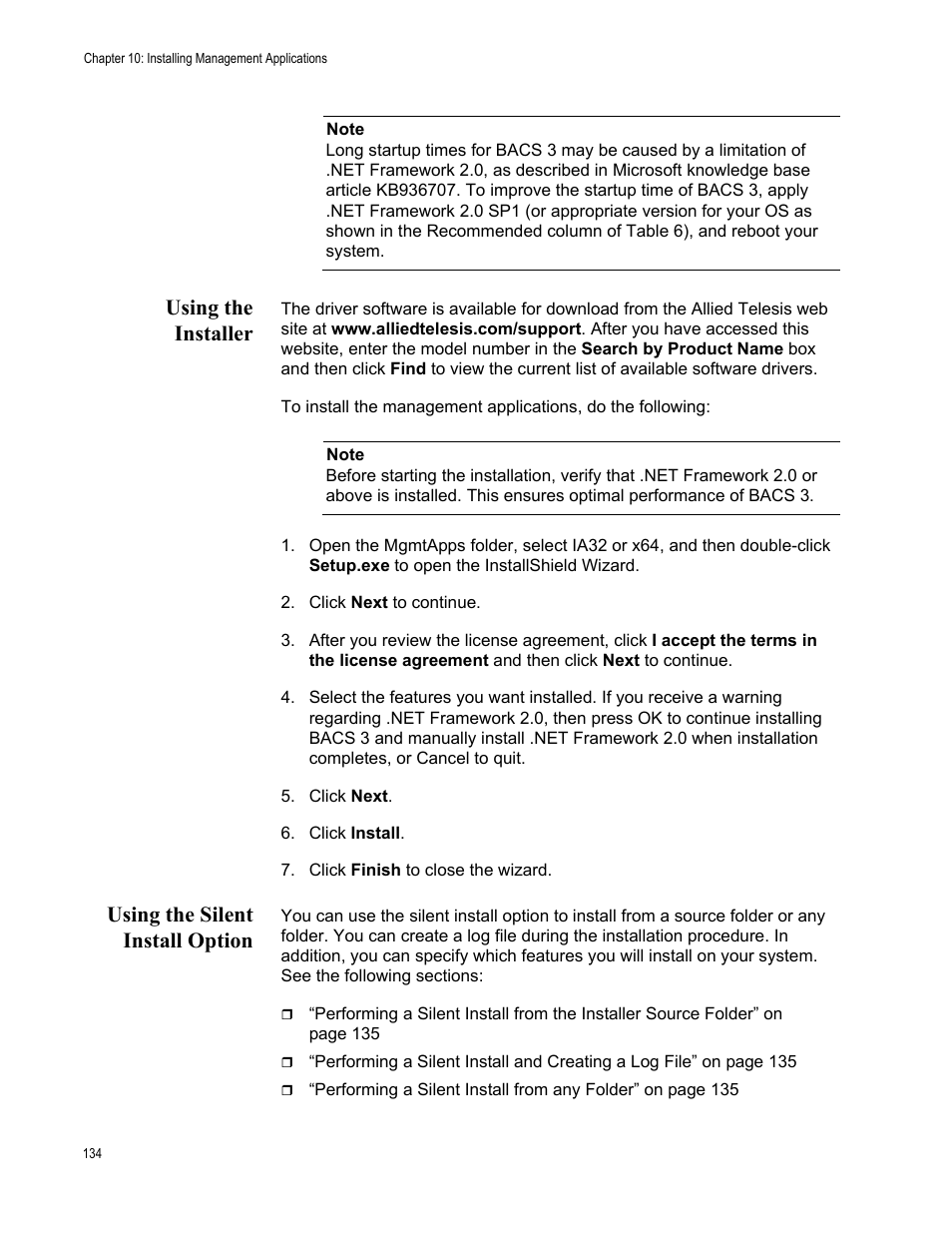 Using the installer, Using the silent install option | Allied Telesis NETEXTREME II AT-2973SX User Manual | Page 134 / 176