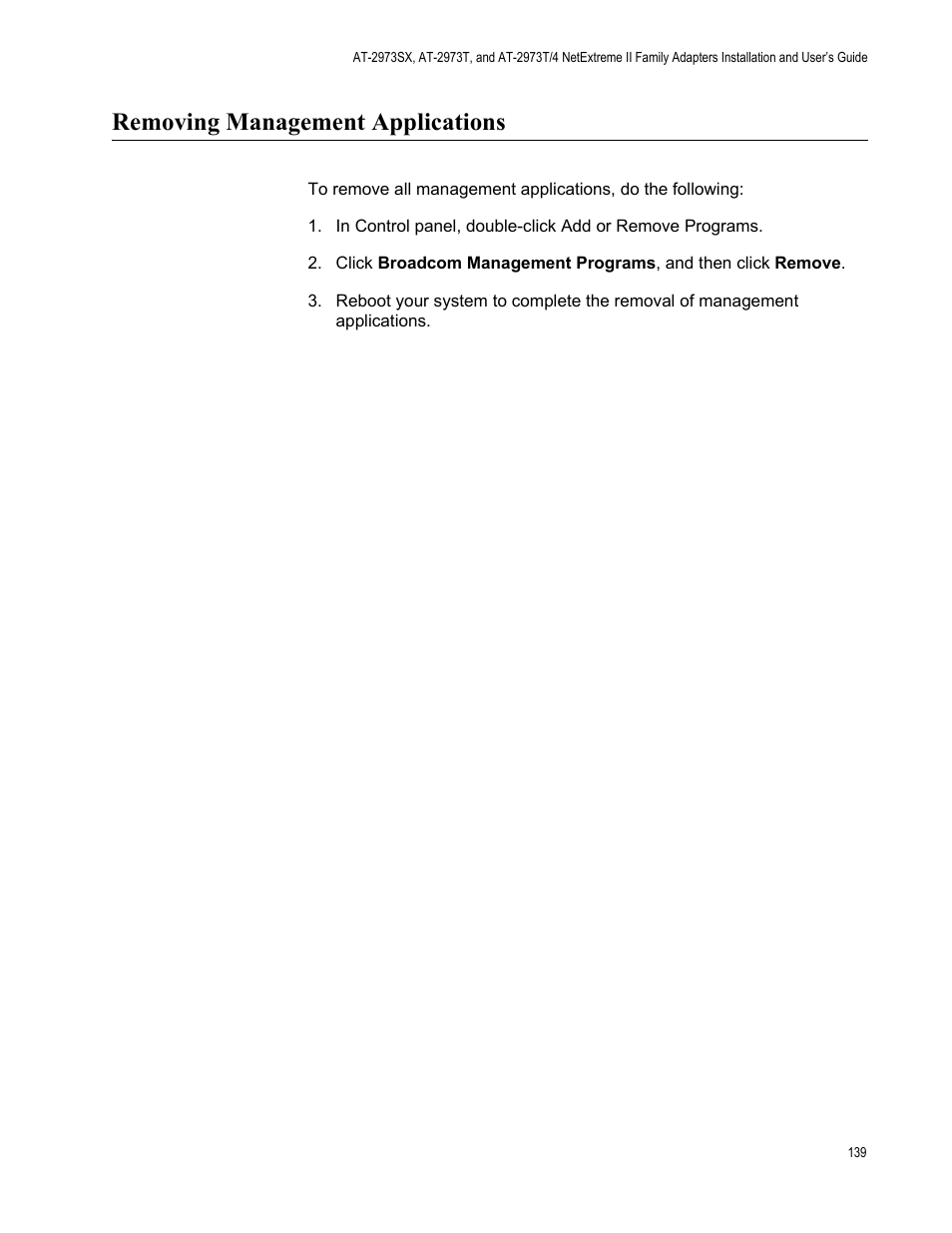 Removing management applications | Allied Telesis NETEXTREME II AT-2973SX User Manual | Page 139 / 176