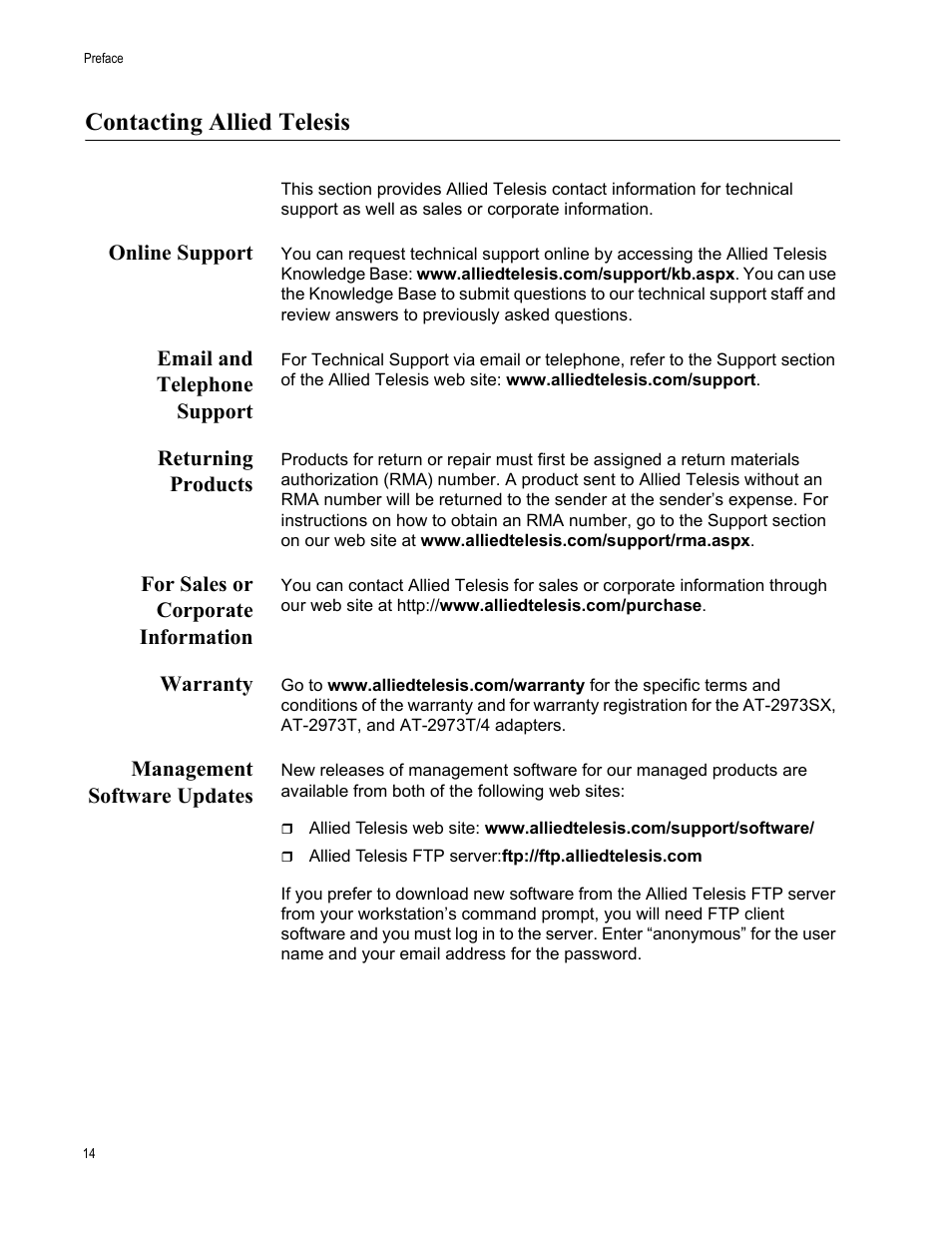 Contacting allied telesis, Online support, Email and telephone support | Returning products, For sales or corporate information, Warranty, Management software updates | Allied Telesis NETEXTREME II AT-2973SX User Manual | Page 14 / 176