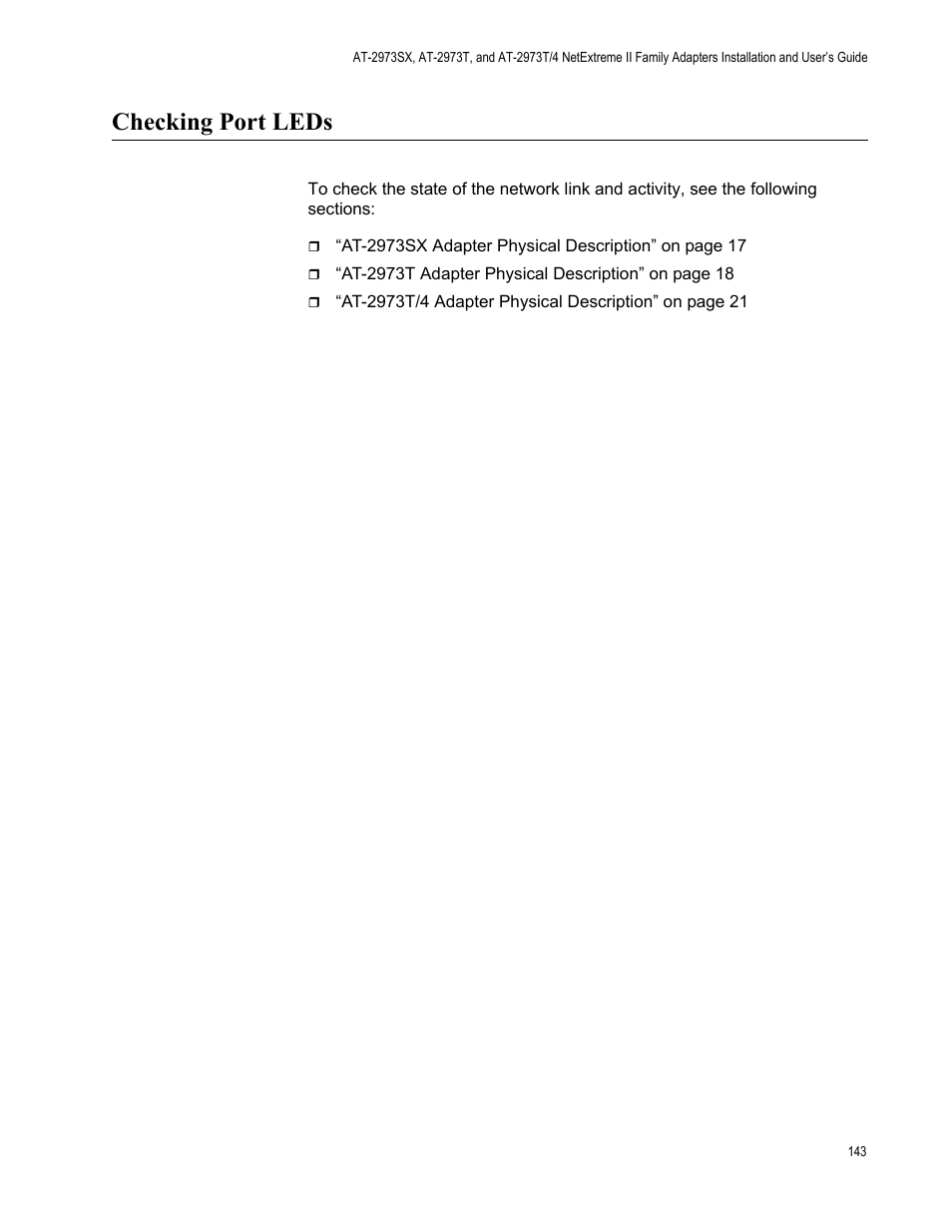 Checking port leds | Allied Telesis NETEXTREME II AT-2973SX User Manual | Page 143 / 176