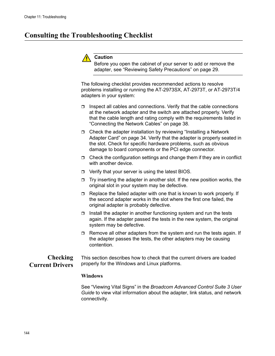 Consulting the troubleshooting checklist, Checking current drivers | Allied Telesis NETEXTREME II AT-2973SX User Manual | Page 144 / 176