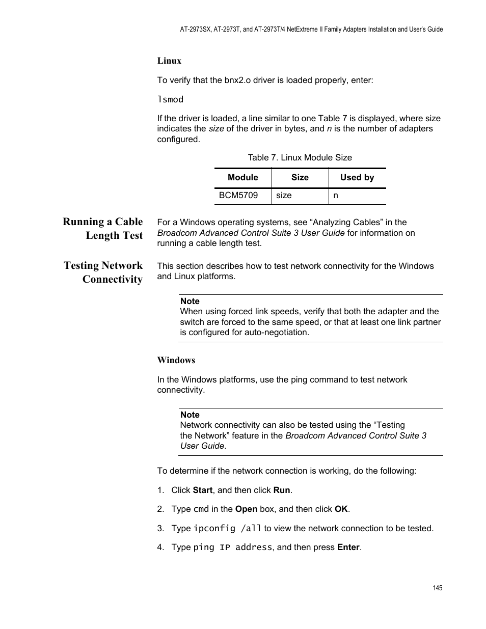 Running a cable length test, Testing network connectivity | Allied Telesis NETEXTREME II AT-2973SX User Manual | Page 145 / 176