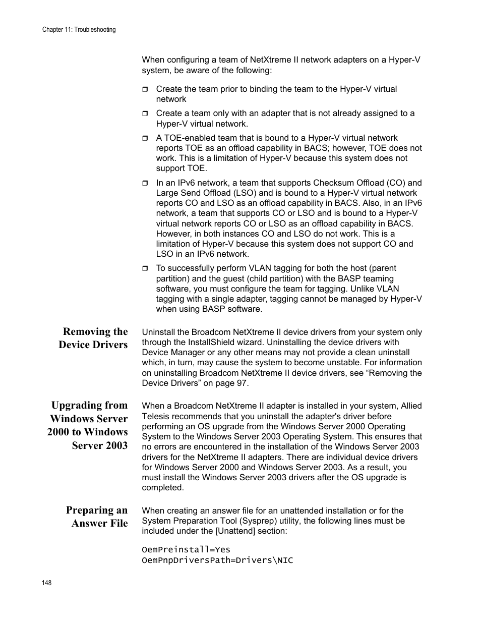 Removing the device drivers, Preparing an answer file | Allied Telesis NETEXTREME II AT-2973SX User Manual | Page 148 / 176