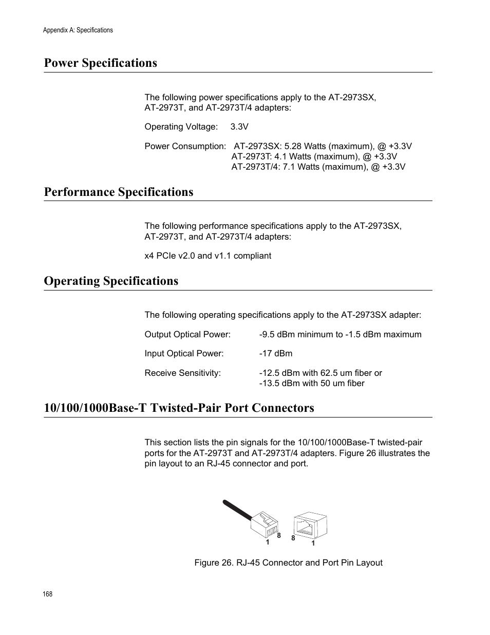 Power specifications, Performance specifications, Operating specifications | 10/100/1000base-t twisted-pair port connectors, Figure 26. rj-45 connector and port pin layout | Allied Telesis NETEXTREME II AT-2973SX User Manual | Page 168 / 176
