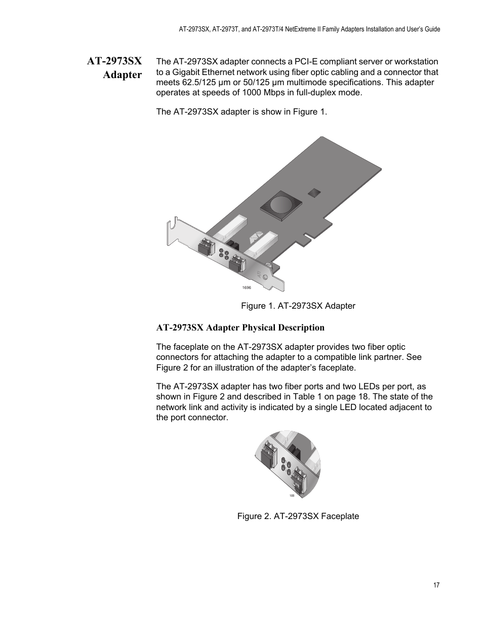 At-2973sx adapter, At-2973sx adapter physical description | Allied Telesis NETEXTREME II AT-2973SX User Manual | Page 17 / 176
