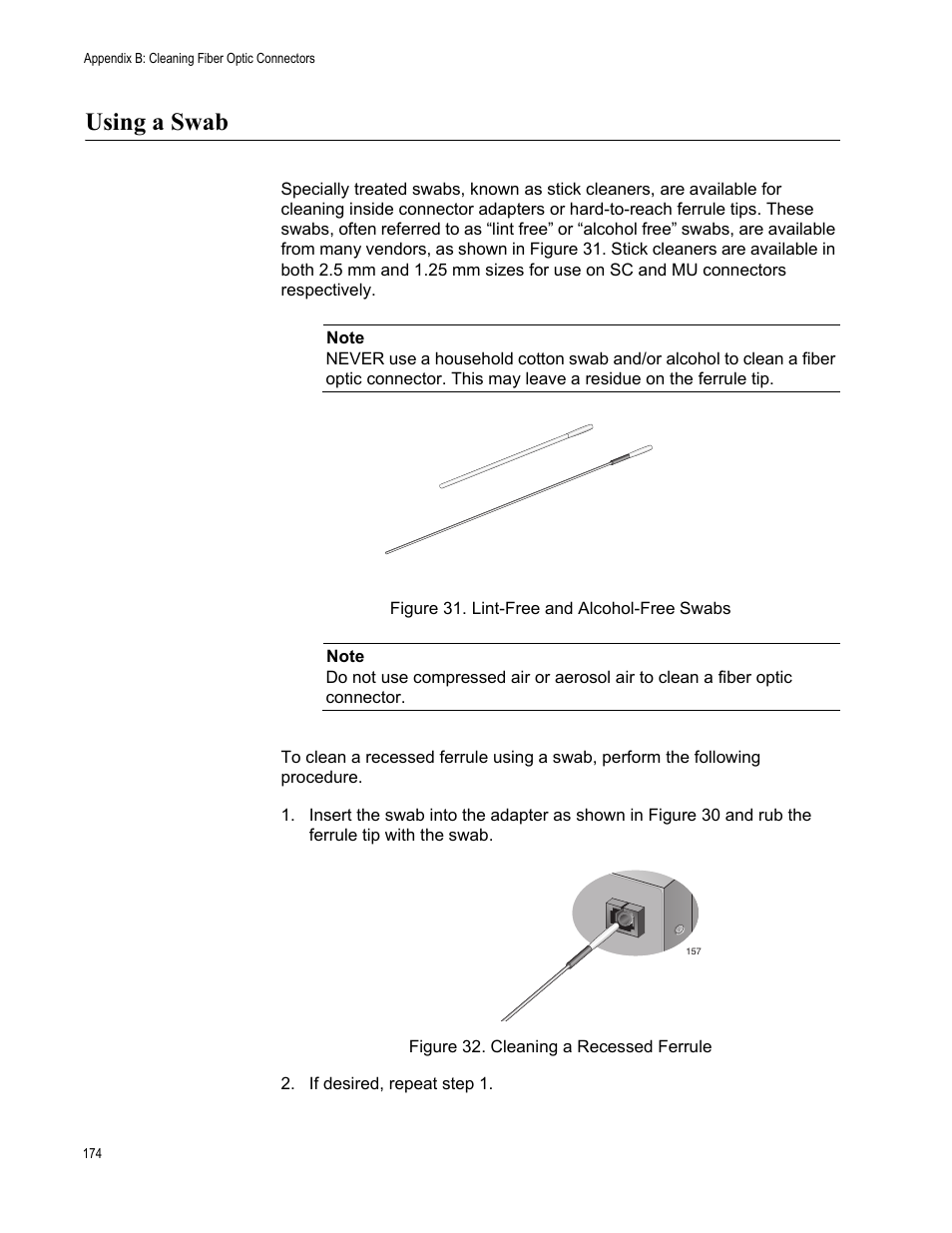 Using a swab, Figure 31. lint-free and alcohol-free swabs, Cleaning a recessed ferrule | Allied Telesis NETEXTREME II AT-2973SX User Manual | Page 174 / 176