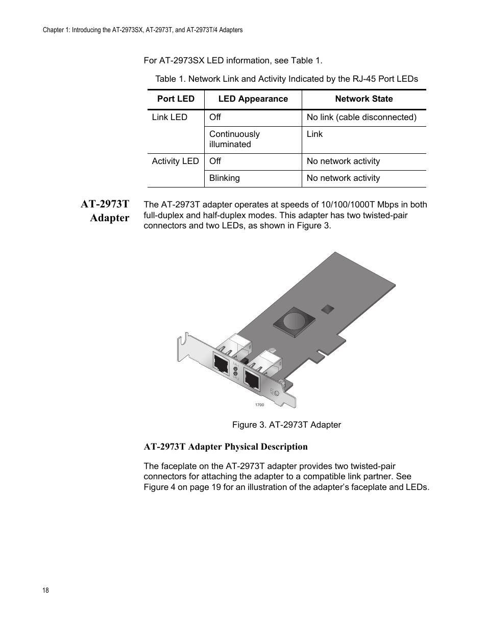 At-2973t adapter, Figure 3. at-2973t adapter, At-2973t adapter physical description | Allied Telesis NETEXTREME II AT-2973SX User Manual | Page 18 / 176