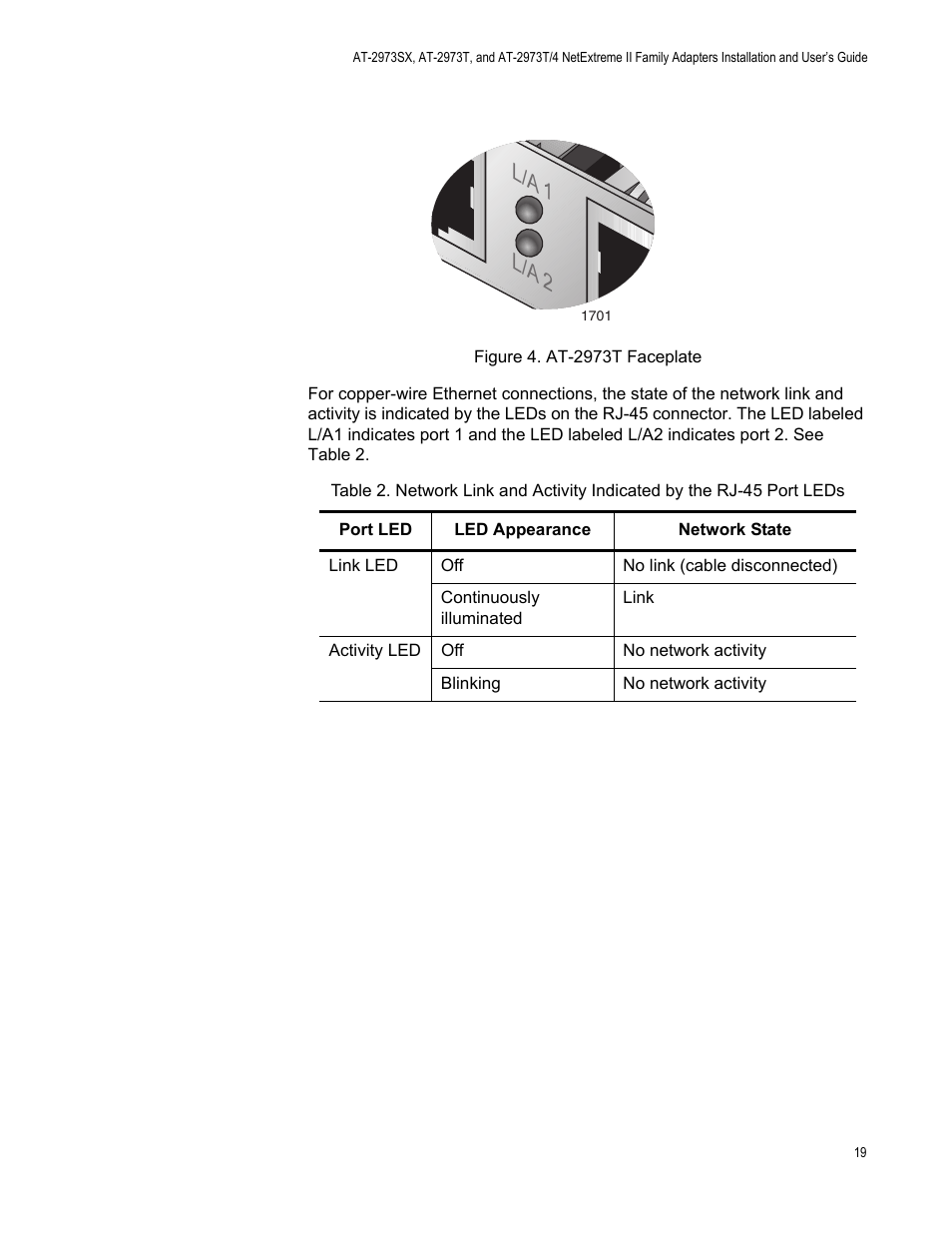 Figure 4. at-2973t faceplate, L/a 1 l/a 2 | Allied Telesis NETEXTREME II AT-2973SX User Manual | Page 19 / 176