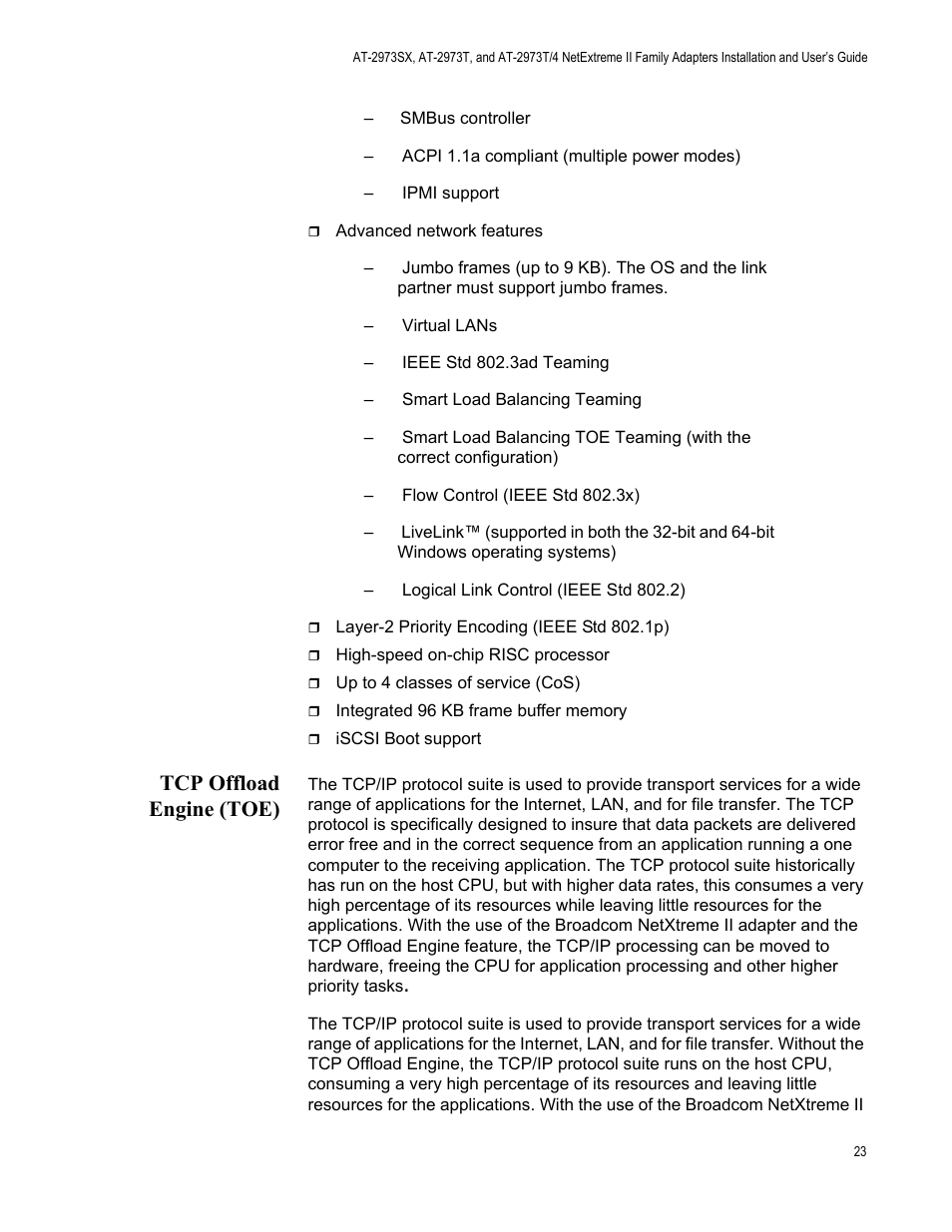 Tcp offload engine (toe) | Allied Telesis NETEXTREME II AT-2973SX User Manual | Page 23 / 176