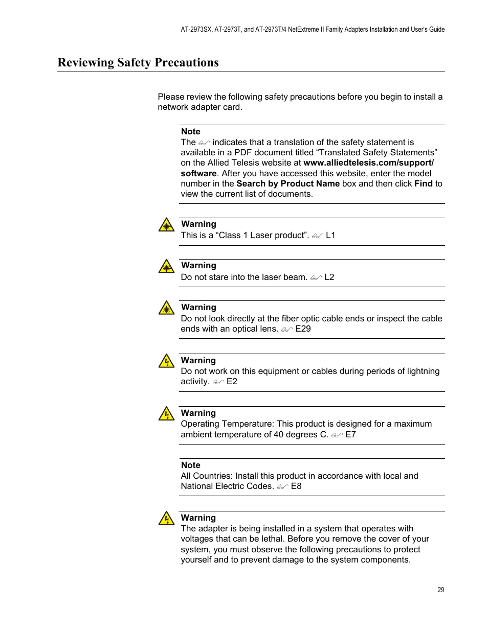 Reviewing safety precautions | Allied Telesis NETEXTREME II AT-2973SX User Manual | Page 29 / 176