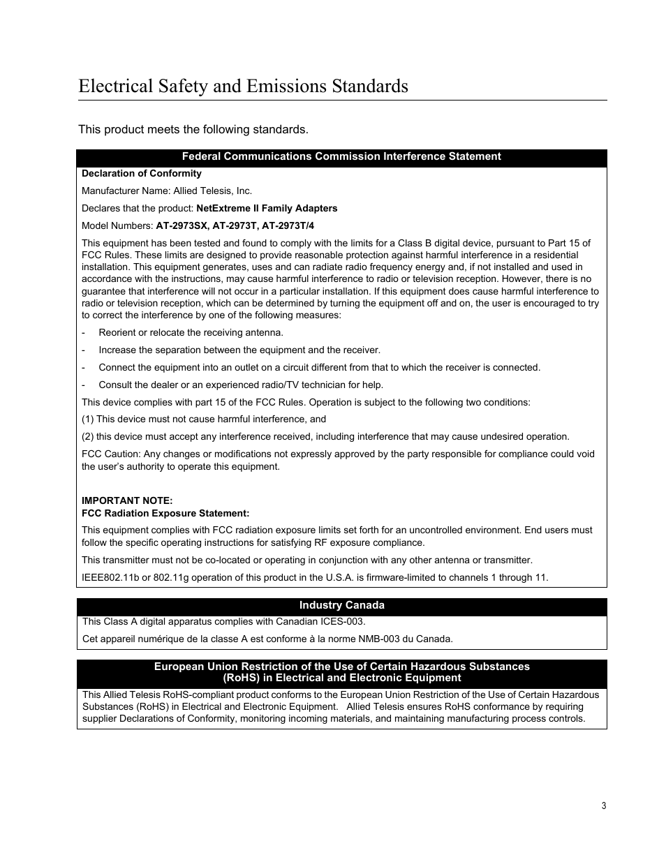 Electrical safety and emissions standards | Allied Telesis NETEXTREME II AT-2973SX User Manual | Page 3 / 176