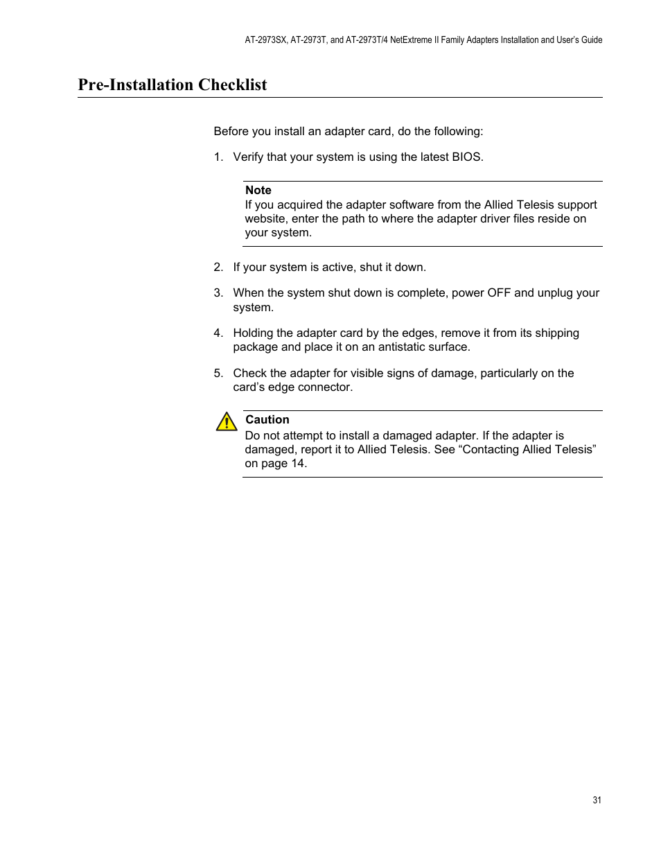 Pre-installation checklist | Allied Telesis NETEXTREME II AT-2973SX User Manual | Page 31 / 176