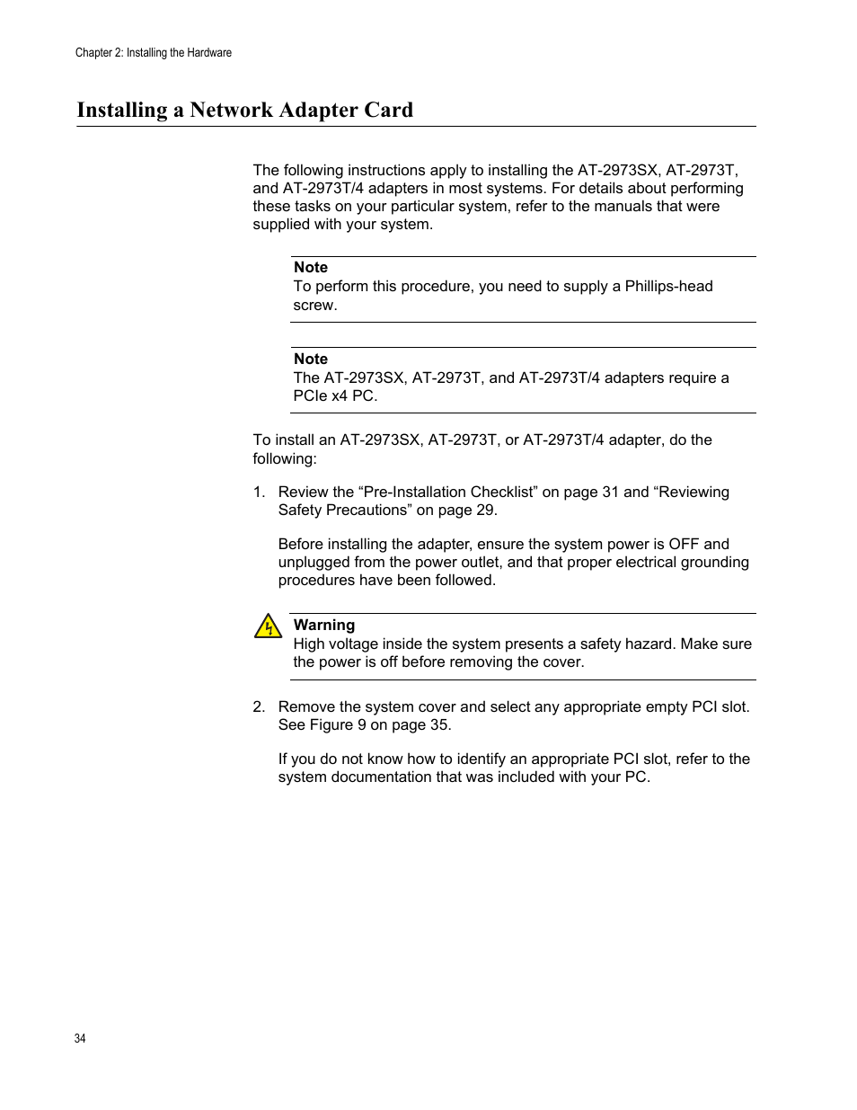 Installing a network adapter card | Allied Telesis NETEXTREME II AT-2973SX User Manual | Page 34 / 176