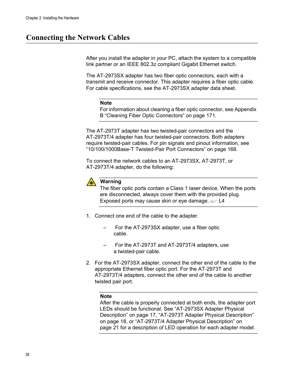 Connecting the network cables | Allied Telesis NETEXTREME II AT-2973SX User Manual | Page 38 / 176