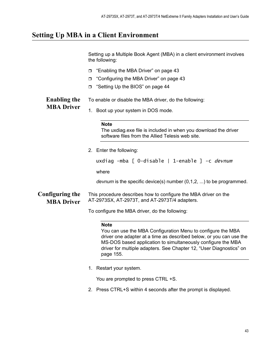 Setting up mba in a client environment, Enabling the mba driver, Configuring the mba driver | Enabling the mba driver configuring the mba driver | Allied Telesis NETEXTREME II AT-2973SX User Manual | Page 43 / 176