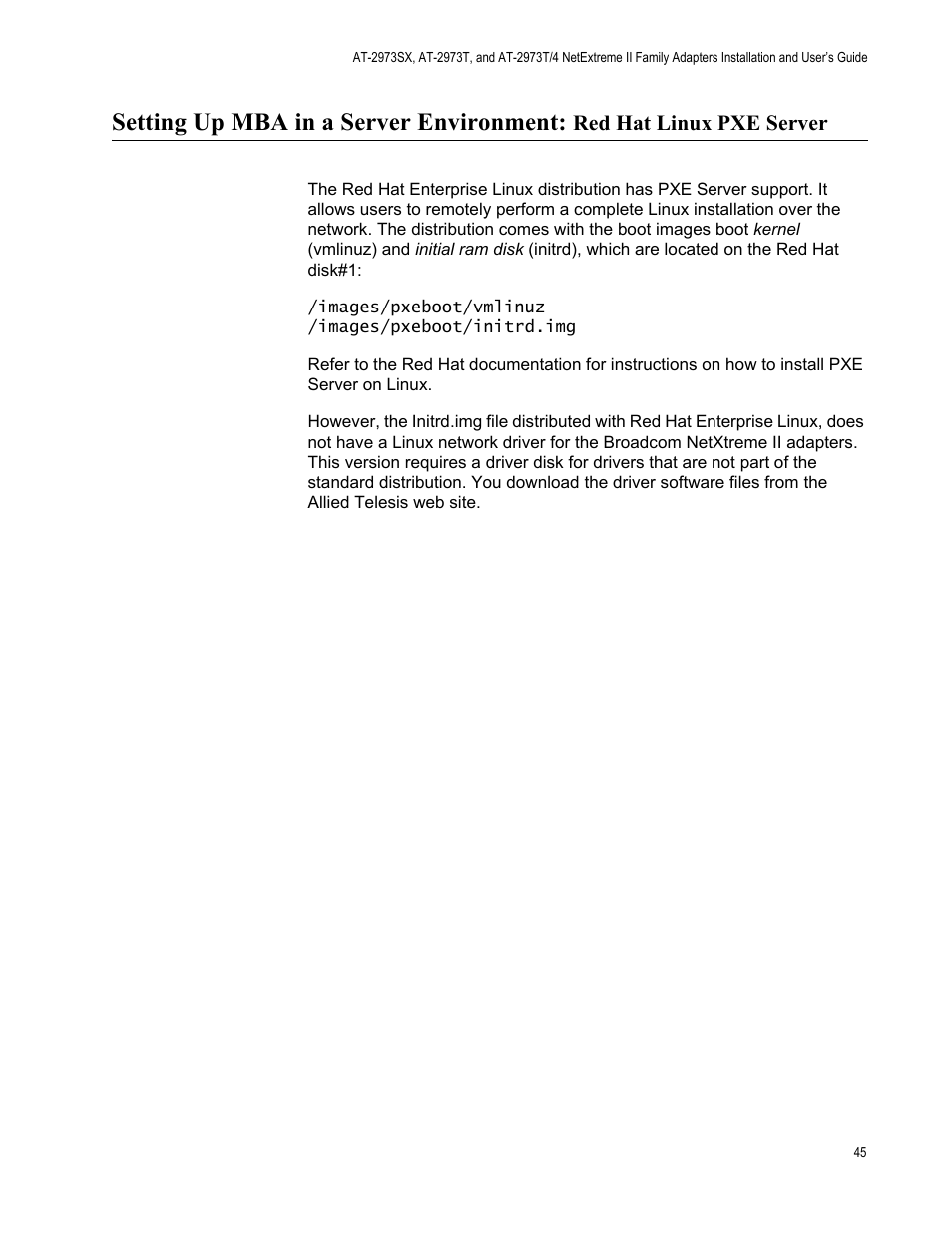 Setting up mba in a server environment | Allied Telesis NETEXTREME II AT-2973SX User Manual | Page 45 / 176
