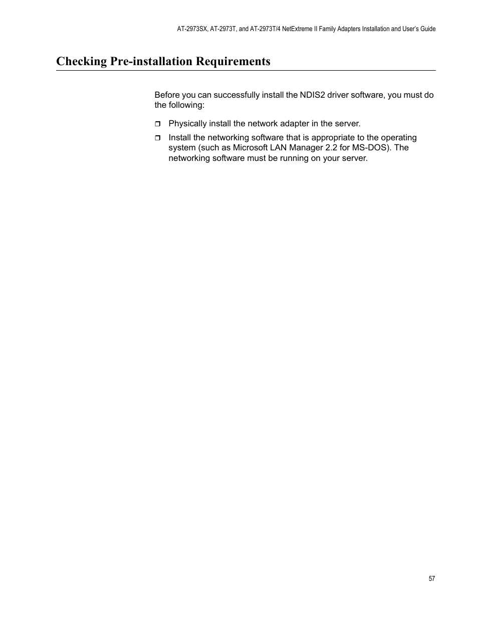 Checking pre-installation requirements | Allied Telesis NETEXTREME II AT-2973SX User Manual | Page 57 / 176