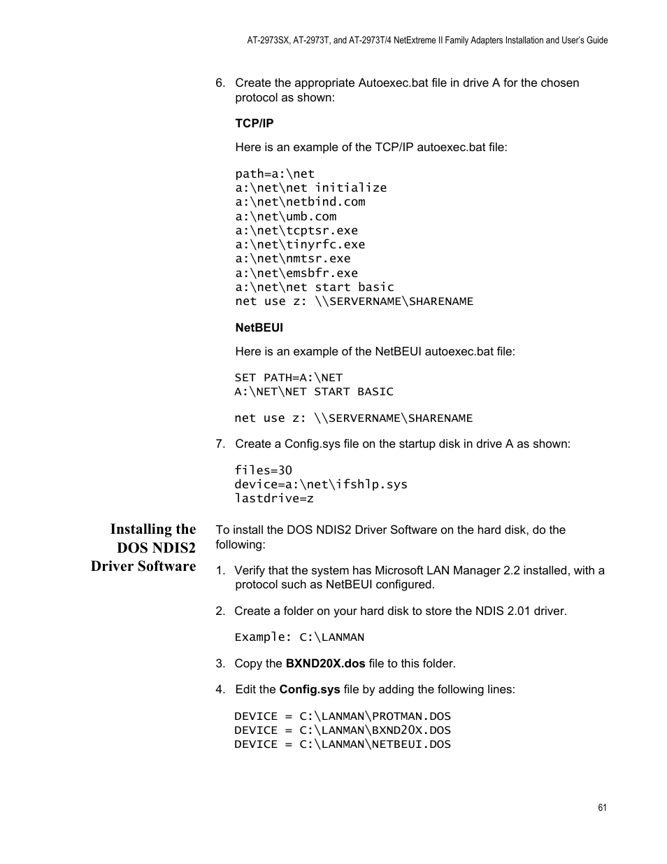 Installing the dos ndis2 driver software | Allied Telesis NETEXTREME II AT-2973SX User Manual | Page 61 / 176