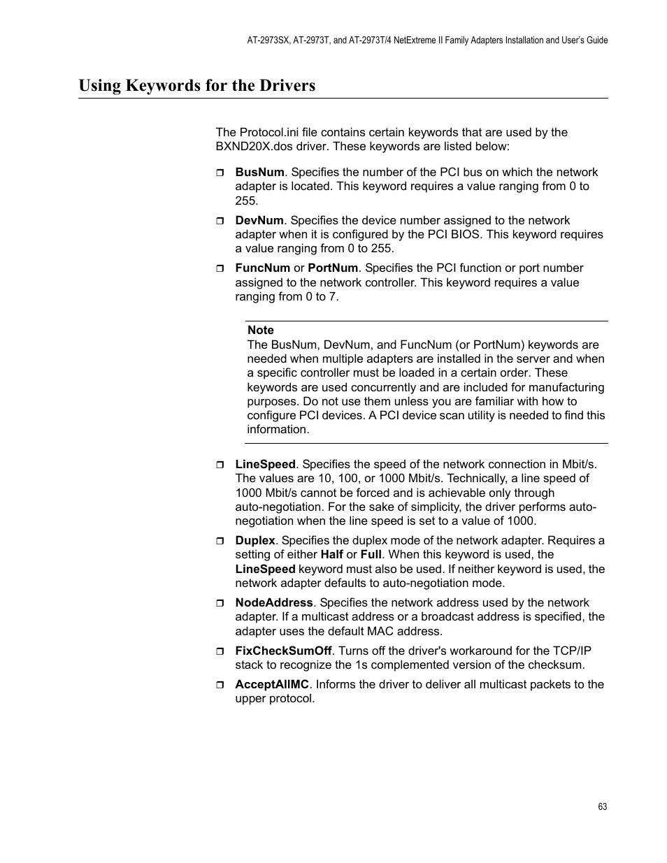 Using keywords for the drivers | Allied Telesis NETEXTREME II AT-2973SX User Manual | Page 63 / 176