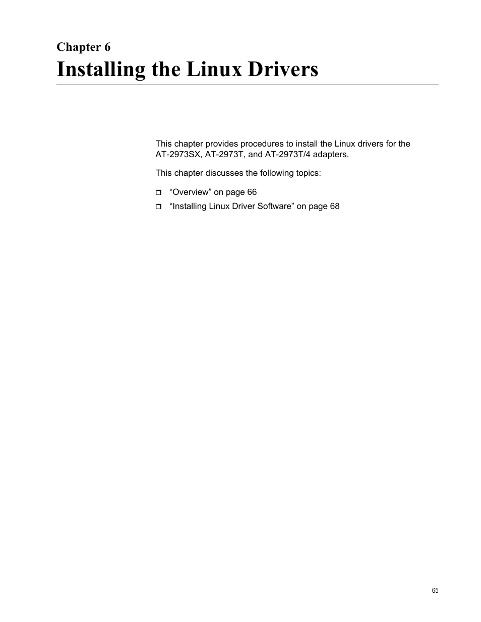 Chapter 6, Installing the linux drivers, R 6: installing the linux drivers | Allied Telesis NETEXTREME II AT-2973SX User Manual | Page 65 / 176