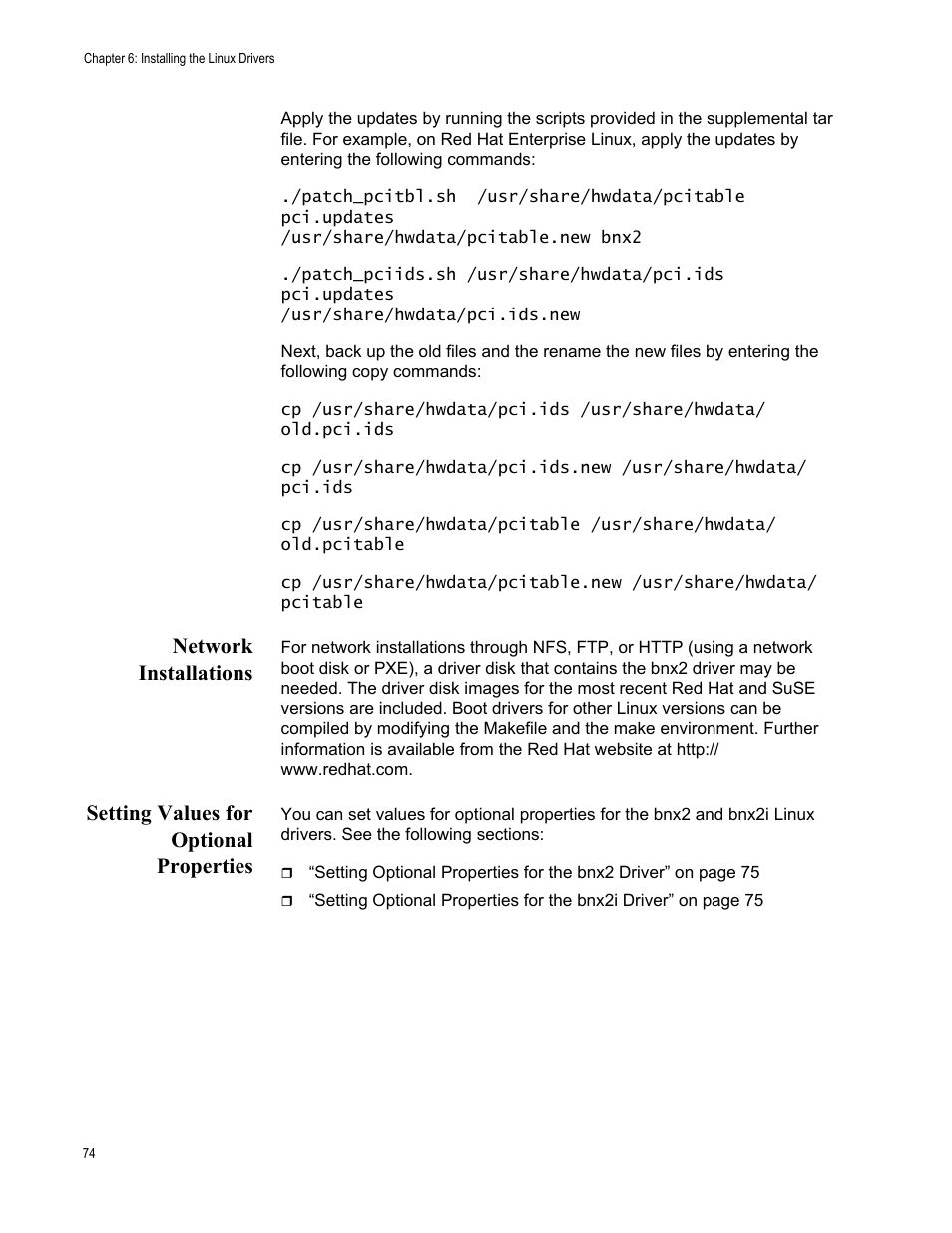 Network installations, Setting values for optional properties | Allied Telesis NETEXTREME II AT-2973SX User Manual | Page 74 / 176