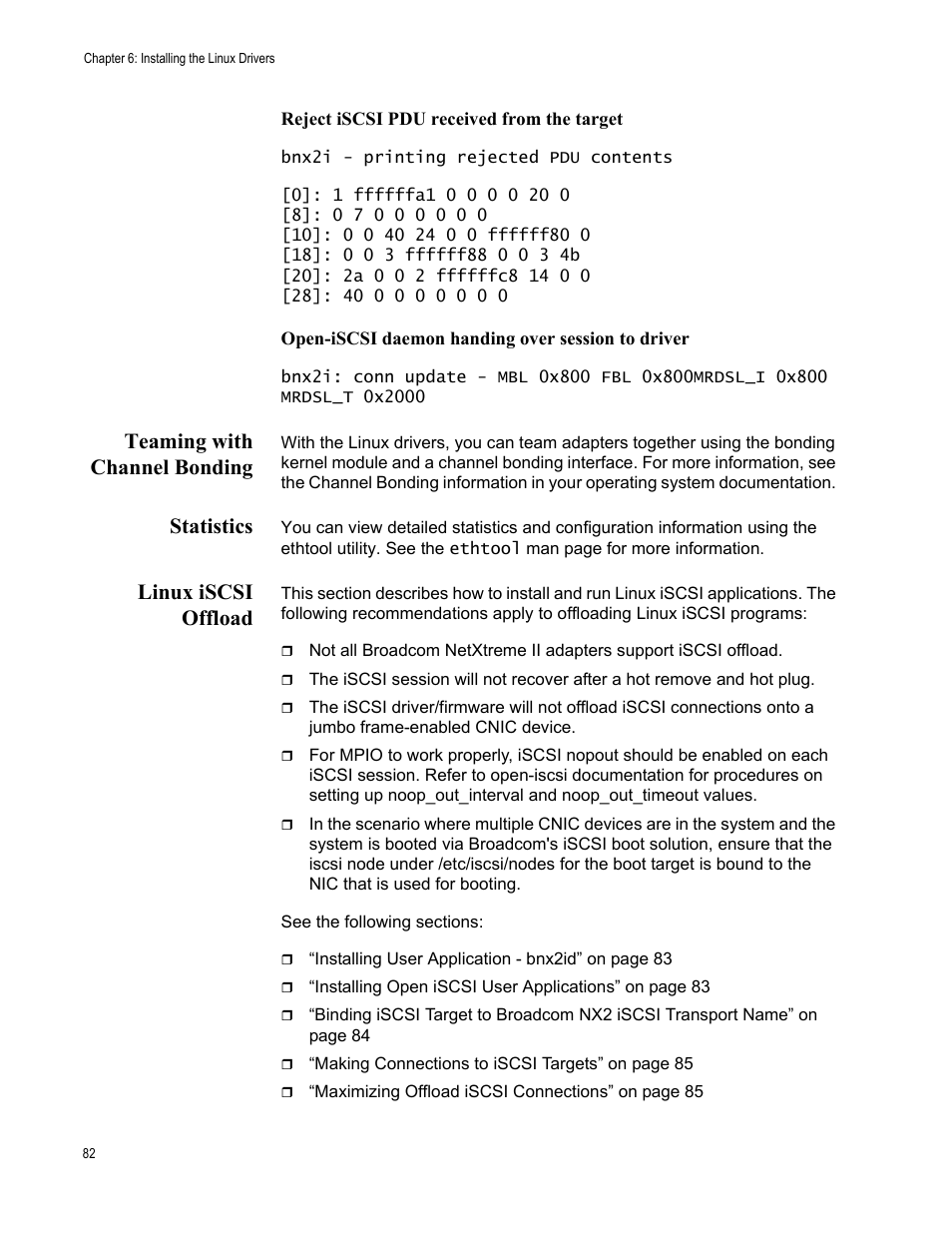 Teaming with channel bonding, Statistics, Linux iscsi offload | Allied Telesis NETEXTREME II AT-2973SX User Manual | Page 82 / 176