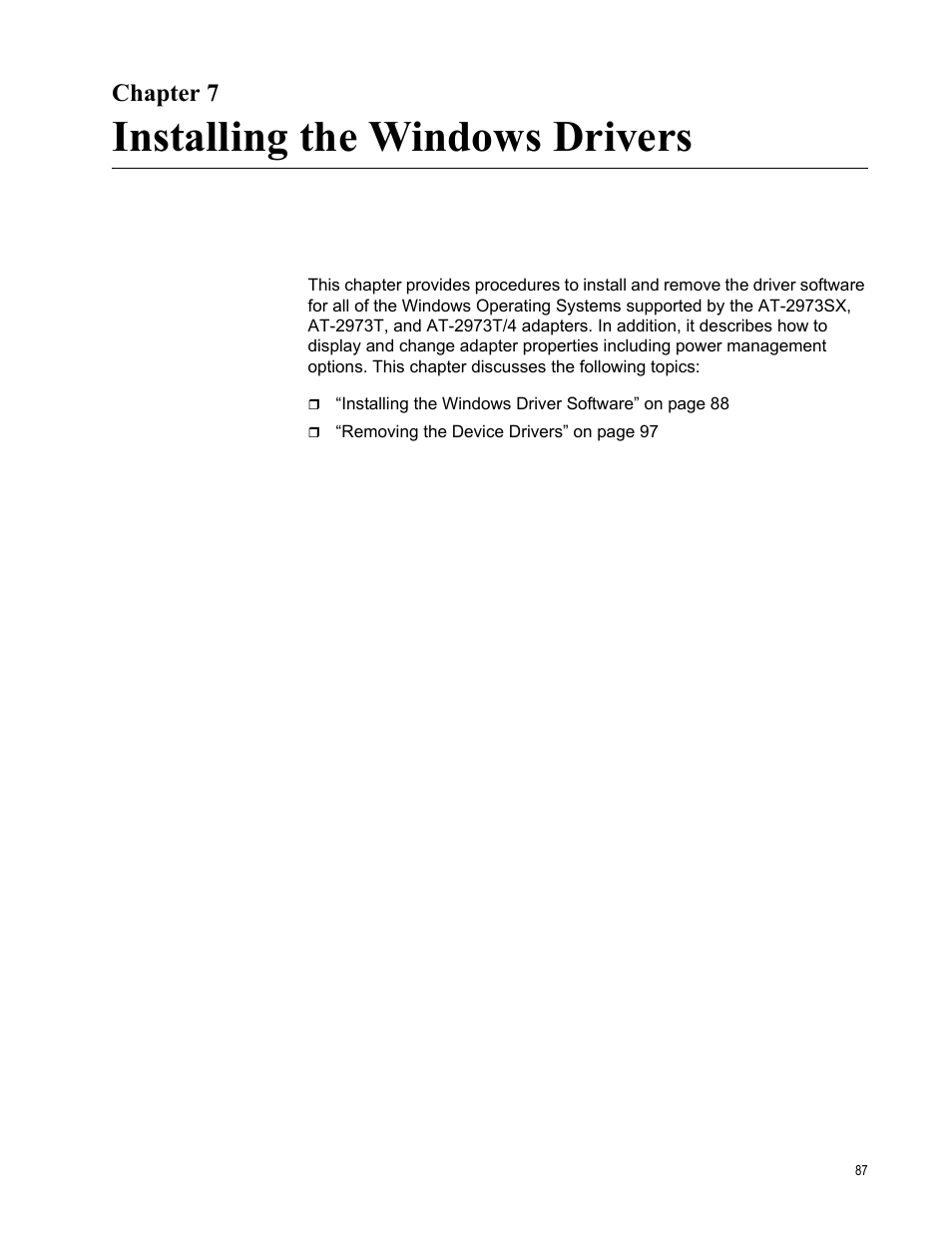 Chapter 7, Installing the windows drivers, R 7: installing the windows drivers | Allied Telesis NETEXTREME II AT-2973SX User Manual | Page 87 / 176