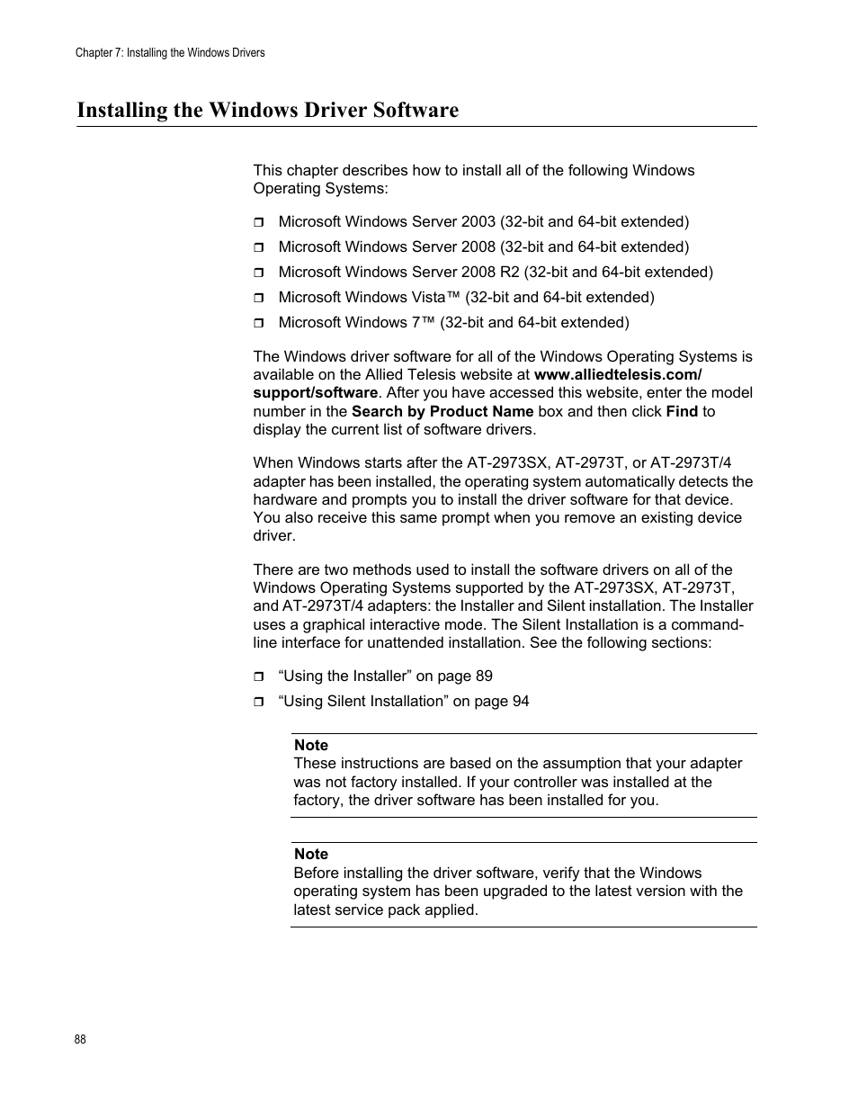 Installing the windows driver software | Allied Telesis NETEXTREME II AT-2973SX User Manual | Page 88 / 176