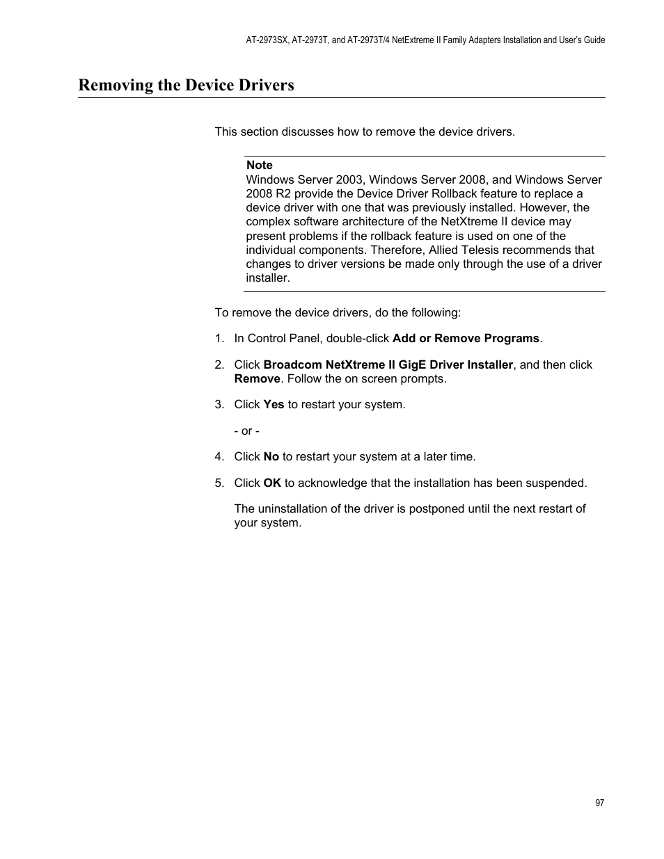 Removing the device drivers | Allied Telesis NETEXTREME II AT-2973SX User Manual | Page 97 / 176