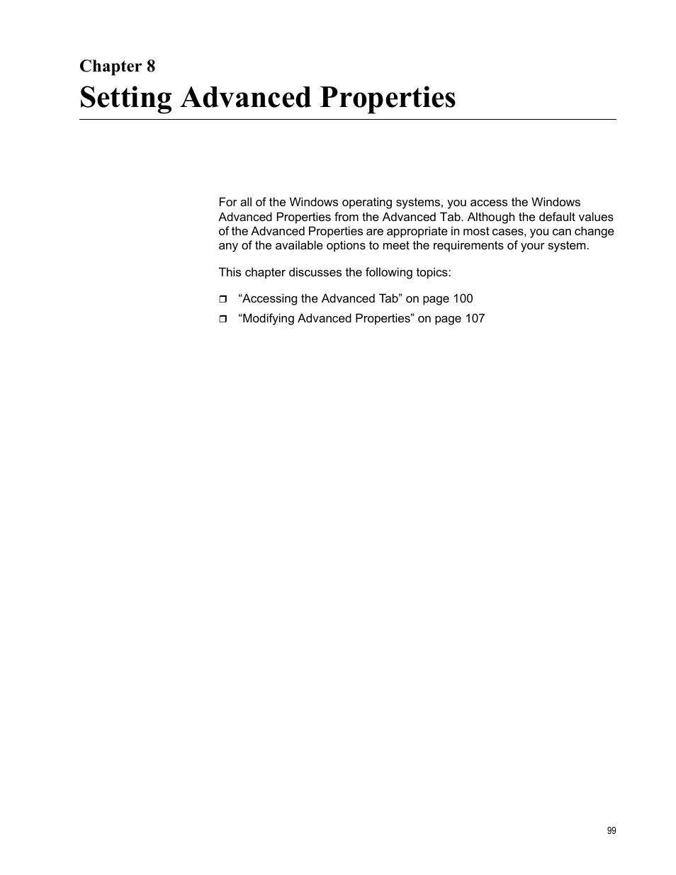 Chapter 8, Setting advanced properties, R 8: setting advanced properties | Allied Telesis NETEXTREME II AT-2973SX User Manual | Page 99 / 176