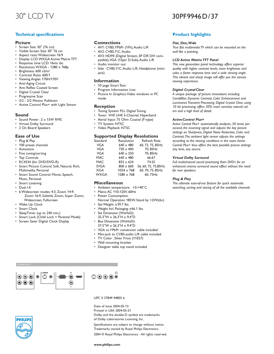 30" lcd tv, Picture, Sound | Ease of use, Connections, Information, Reception, Supported display resolutions, Miscellaneous, Technical specifications product highlights | Philips 30PF9946D-37 User Manual | Page 2 / 2