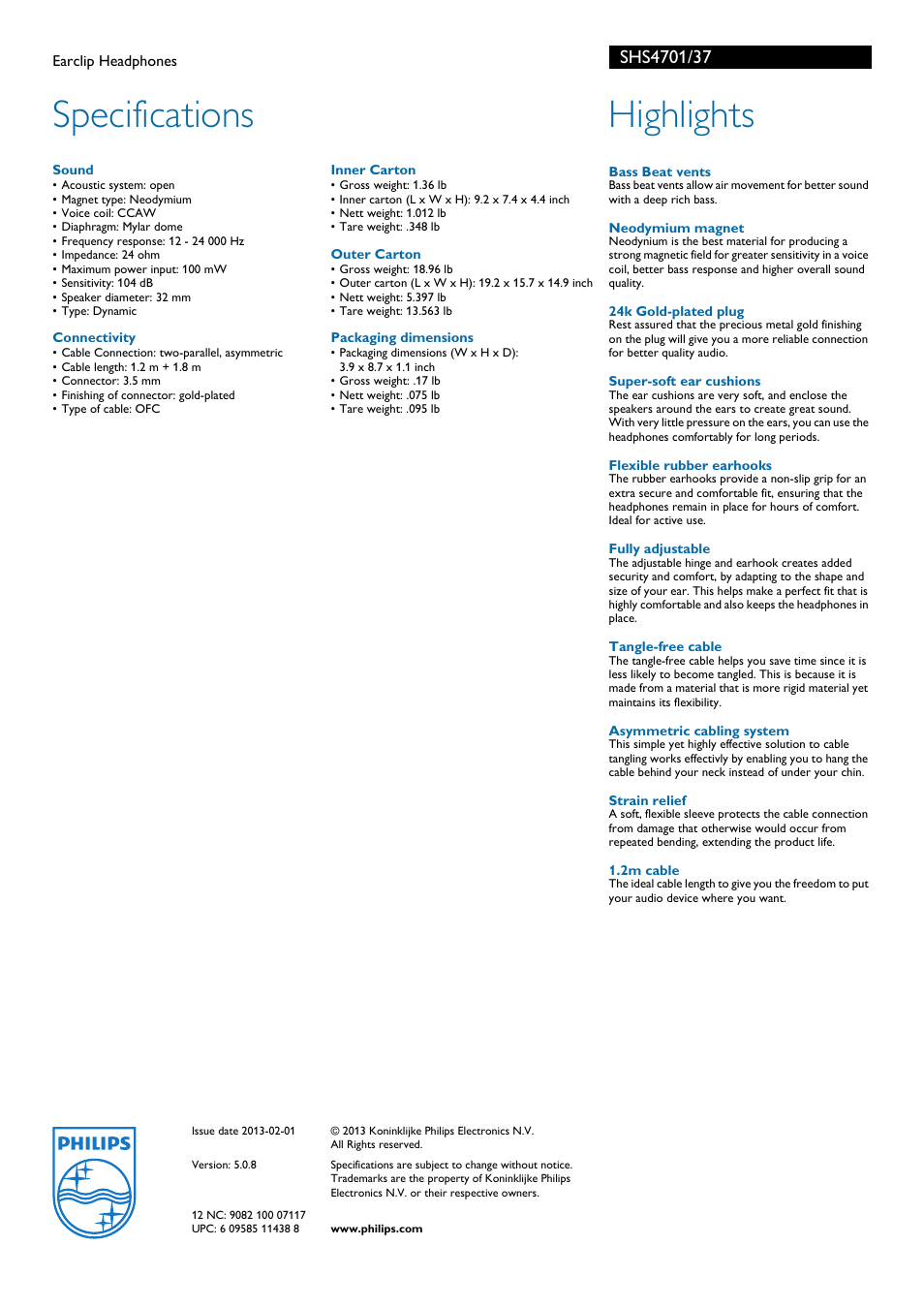 Specifications, Highlights | Philips SHS4701-37 User Manual | Page 2 / 2