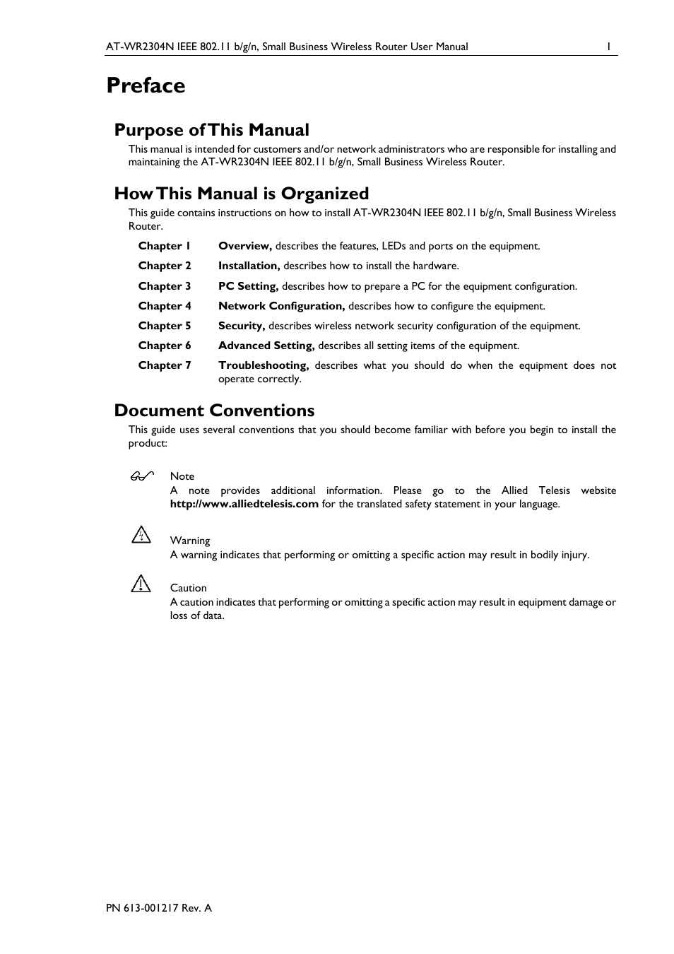 Preface, Purpose of this manual, How this manual is organized | Document conventions | Allied Telesis AT-WR2304N User Manual | Page 11 / 67