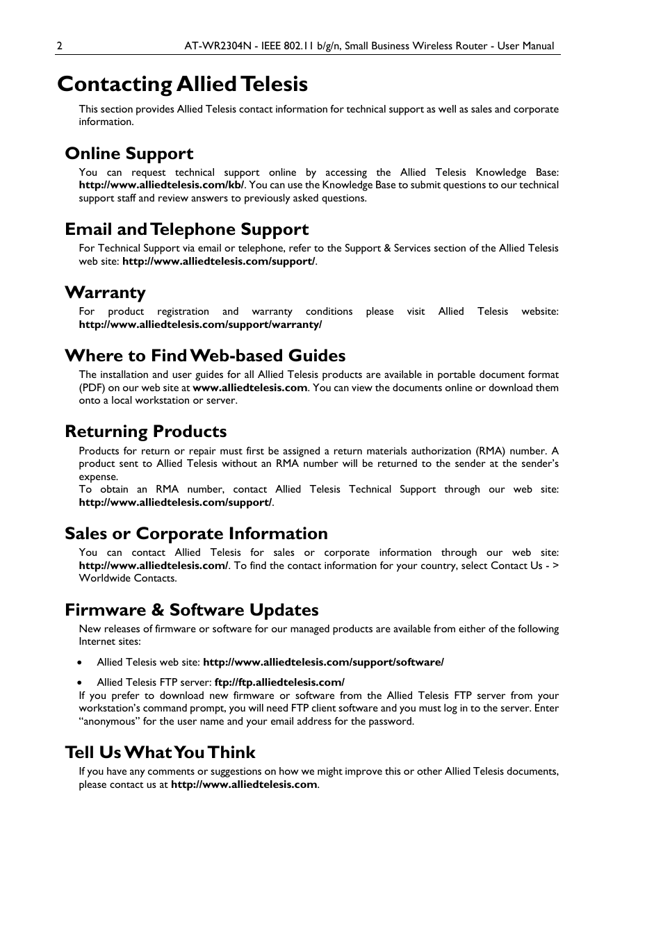 Contacting allied telesis, Online support, Email and telephone support | Warranty, Where to find web-based guides, Returning products, Sales or corporate information, Firmware & software updates, Tell us what you think | Allied Telesis AT-WR2304N User Manual | Page 12 / 67