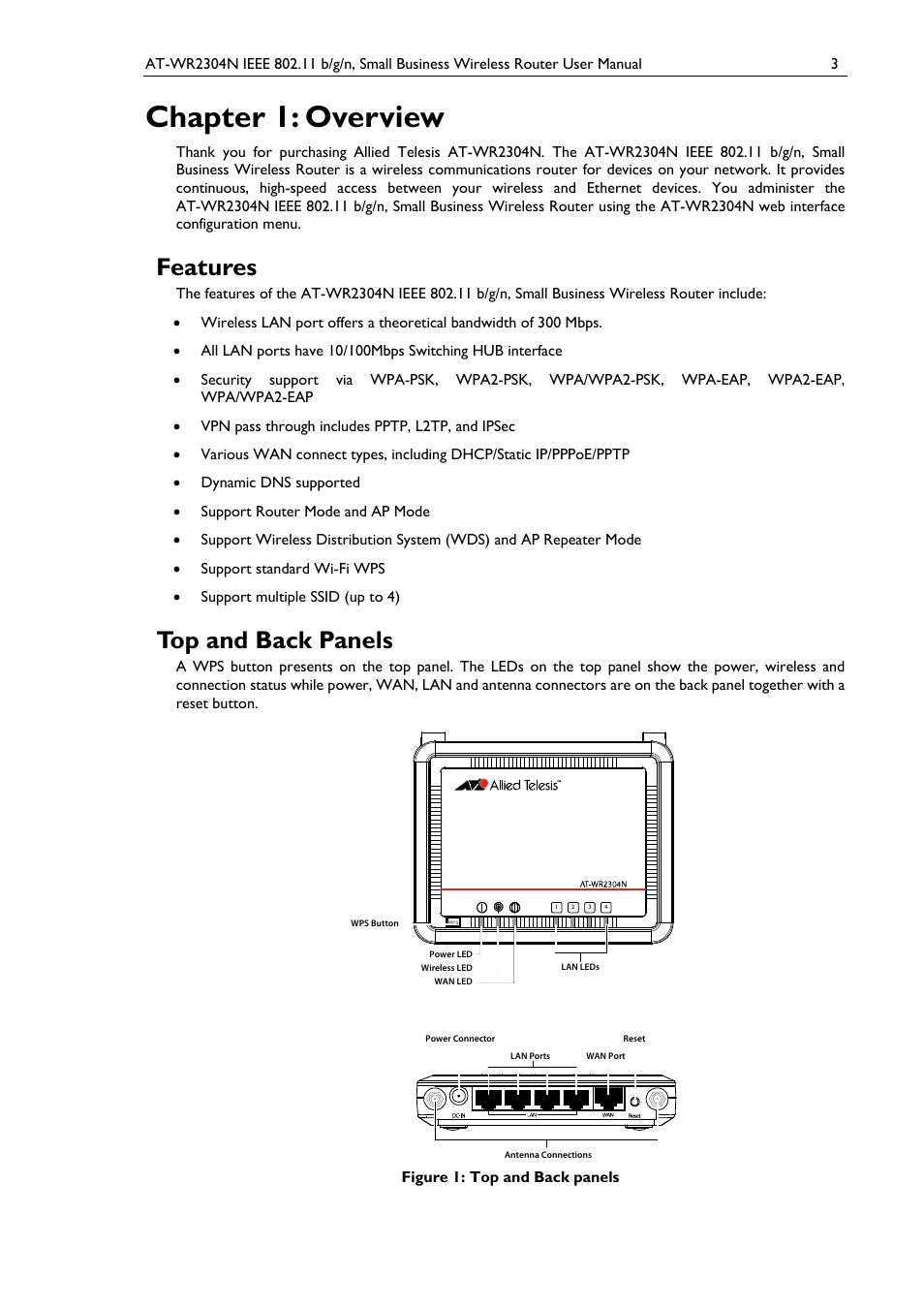 Chapter 1: overview, Features, Top and back panels | Figure 1: top and back panels | Allied Telesis AT-WR2304N User Manual | Page 13 / 67