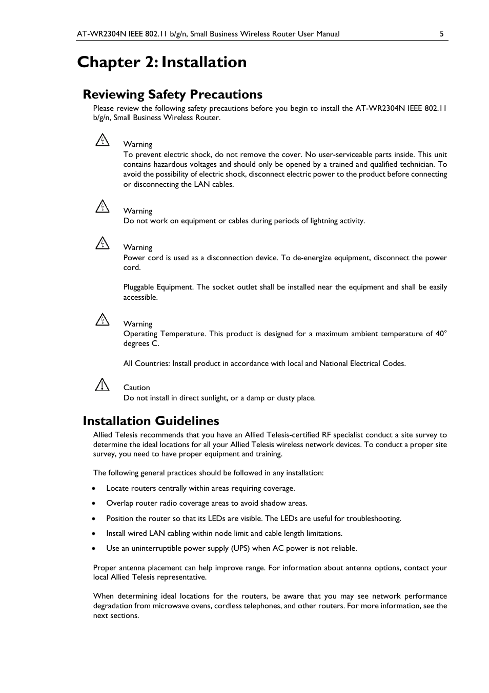 Chapter 2: installation, Reviewing safety precautions, Installation guidelines | Allied Telesis AT-WR2304N User Manual | Page 15 / 67