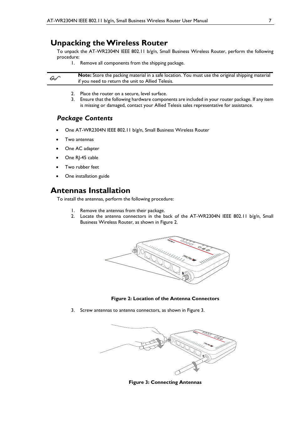 Unpacking the wireless router, Package contents, Antennas installation | Figure 2: location of the antenna connectors, Figure 3: connecting antennas | Allied Telesis AT-WR2304N User Manual | Page 17 / 67