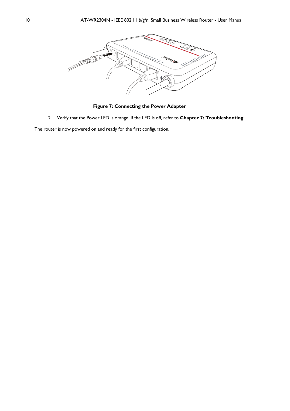 Figure 7: connecting the power adapter | Allied Telesis AT-WR2304N User Manual | Page 20 / 67