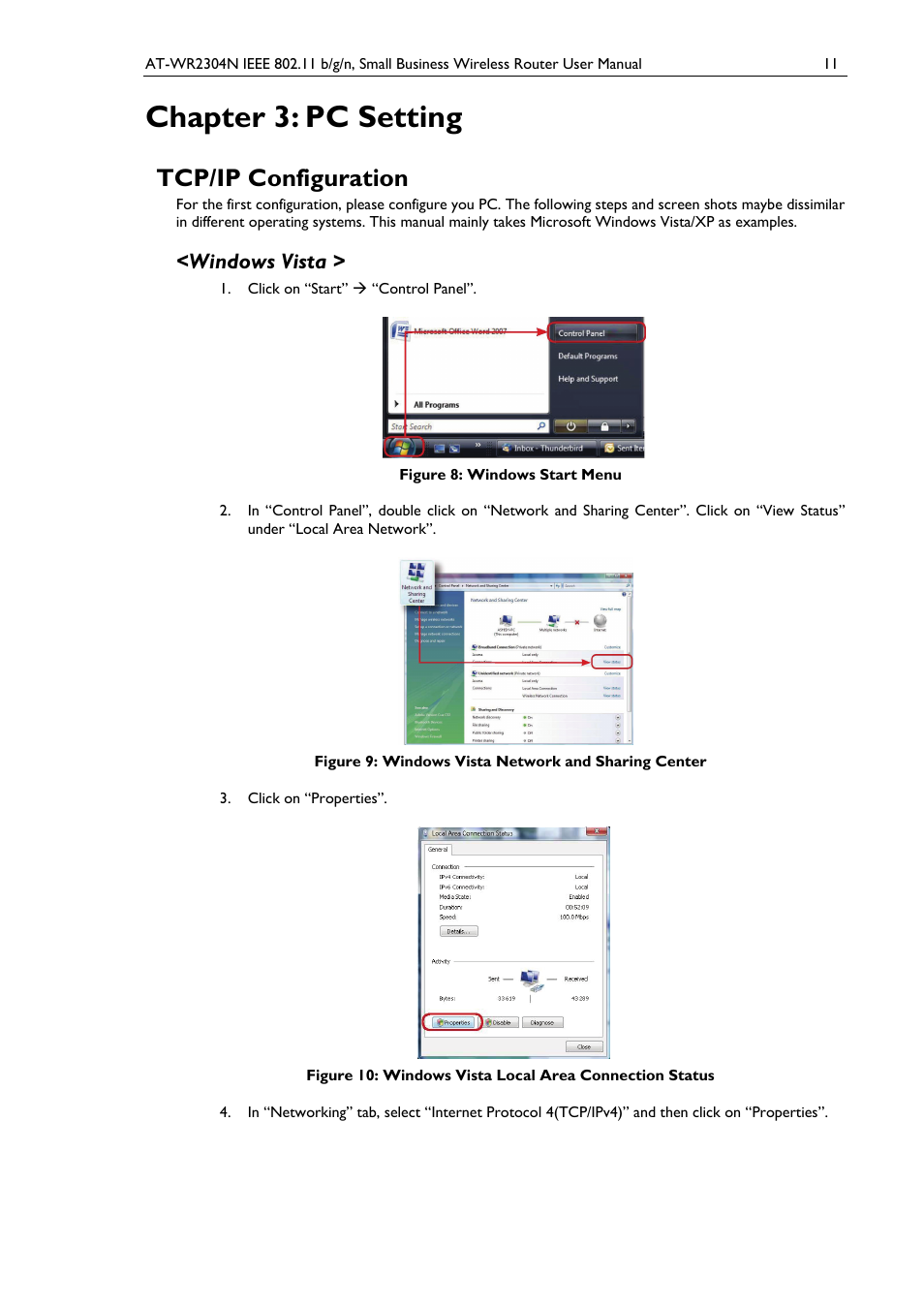 Chapter 3: pc setting, Tcp/ip configuration, Windows vista | Figure 8: windows start menu, Figure 9: windows vista network and sharing center | Allied Telesis AT-WR2304N User Manual | Page 21 / 67