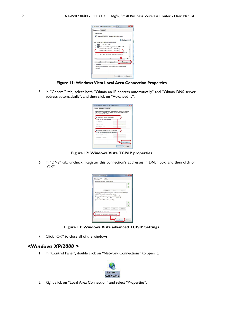 Windows xp/2000, Figure 12: windows vista tcp/ip properties, Figure 13: windows vista advanced tcp/ip settings | Allied Telesis AT-WR2304N User Manual | Page 22 / 67