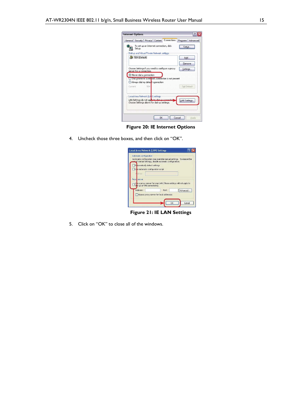 Figure 20: ie internet options, Figure 21: ie lan settings | Allied Telesis AT-WR2304N User Manual | Page 25 / 67