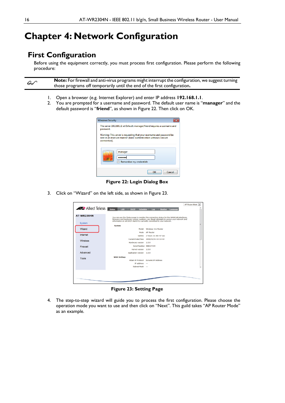 Chapter 4: network configuration, First configuration, Figure 22: login dialog box | Allied Telesis AT-WR2304N User Manual | Page 26 / 67