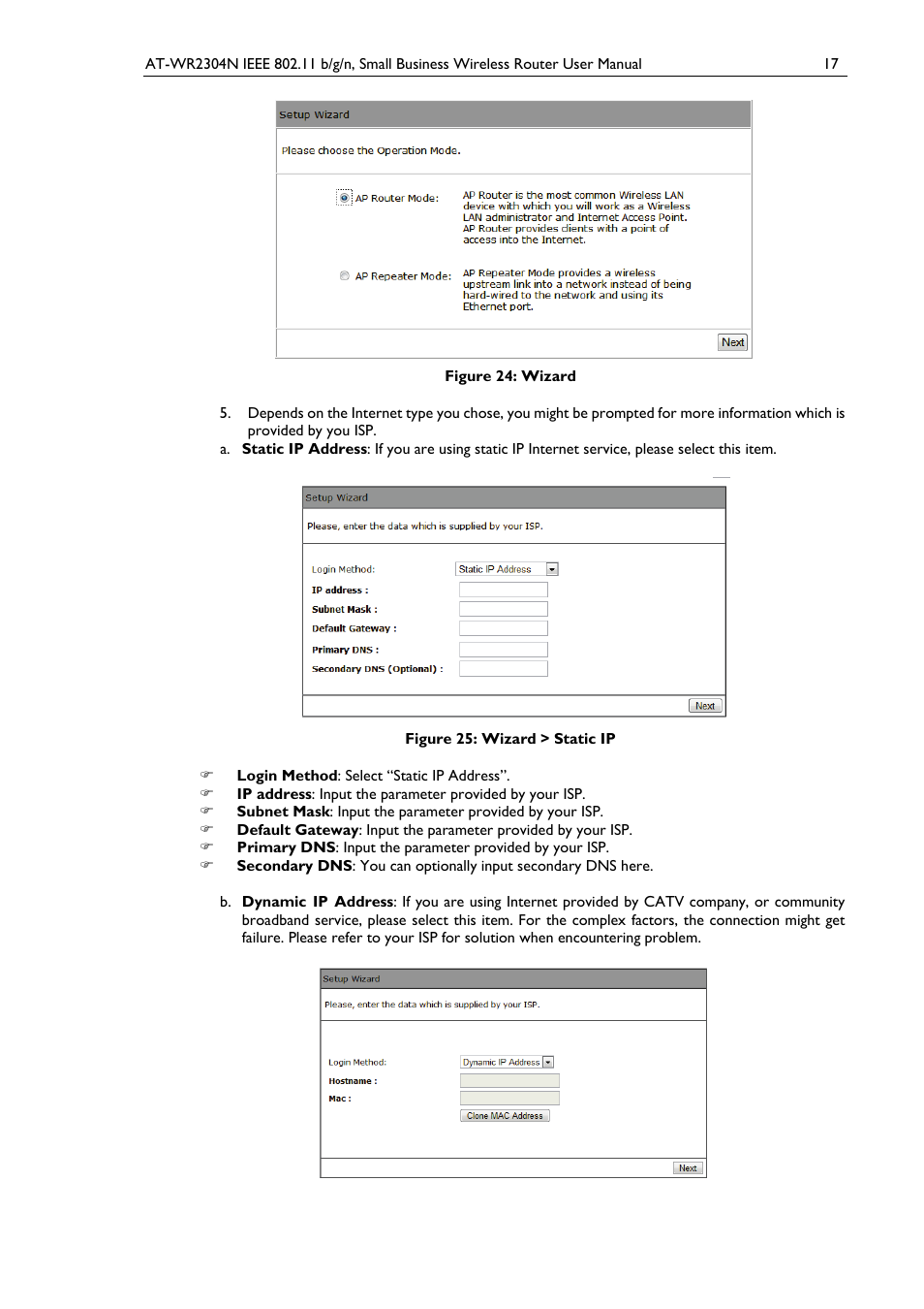 Figure 24: wizard, Figure 25: wizard > static ip | Allied Telesis AT-WR2304N User Manual | Page 27 / 67