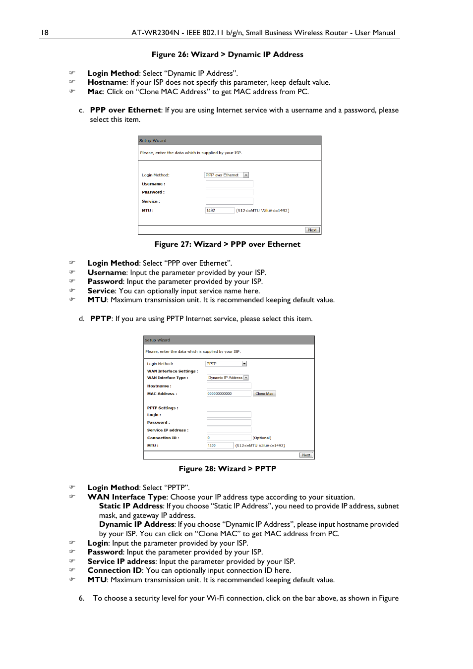 Figure 26: wizard > dynamic ip address, Figure 27: wizard > ppp over ethernet, Figure 28: wizard > pptp | Allied Telesis AT-WR2304N User Manual | Page 28 / 67