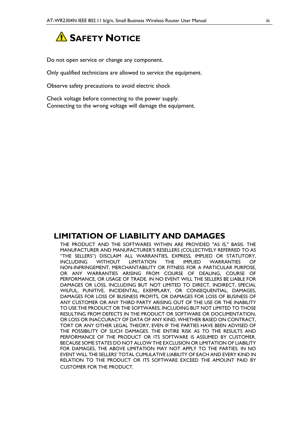 Afety, Otice, Limitation of liability and damages | Allied Telesis AT-WR2304N User Manual | Page 3 / 67